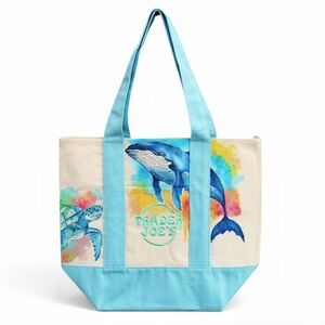Hand Painted Trader Joe’s Blue Mini Ocean Tote Whale & Turtle